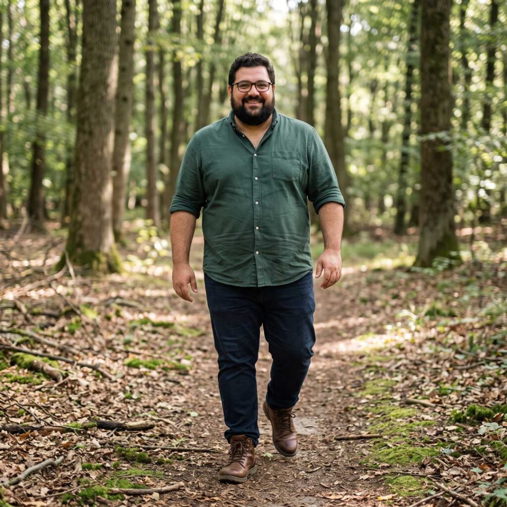 Karl geht auf einem Waldweg auf die Kamera zu.