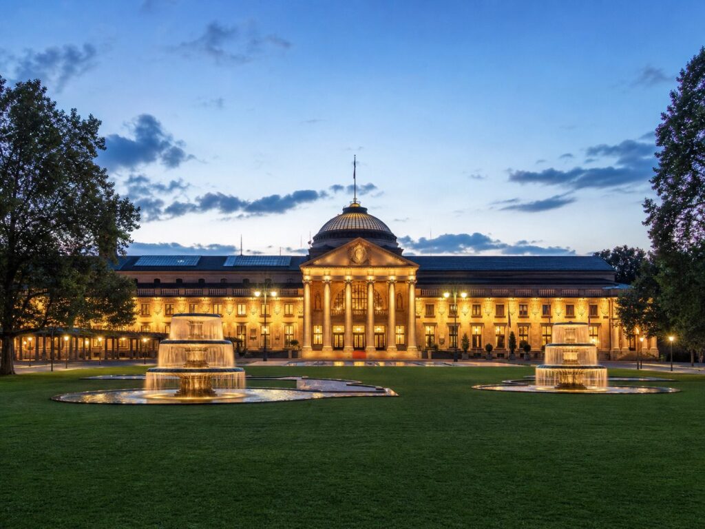 Atmosphärisches Symbolbild klassischer Kurarchitektur mit Grünfläche und Brunnen