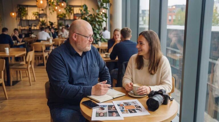 Fotograf und junge Frau im Gespräch über Fotografie an einem Café Tisch mit Kamera und ausgedruckten Fotos.
